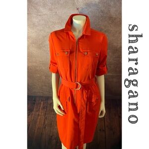Sharagano Orangey red Stretch Shirt Dress w/belt Size 8-GUC